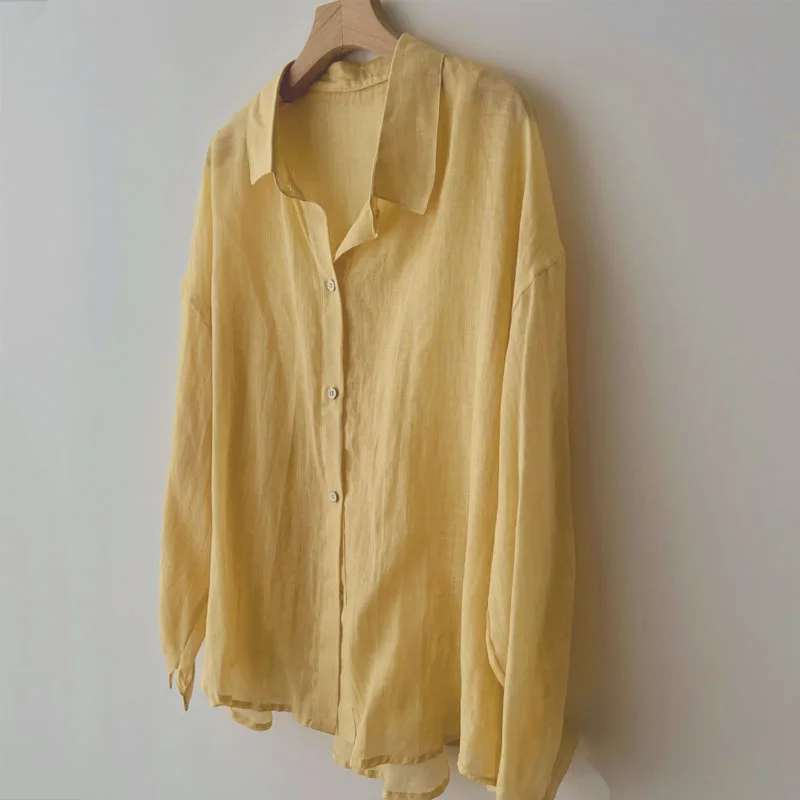 Camicetta da donna ampia in tinta unita alla moda Camicie e camicette a maniche lunghe con risvolto elegante Top con lacci tascabile vintage femminile 2025