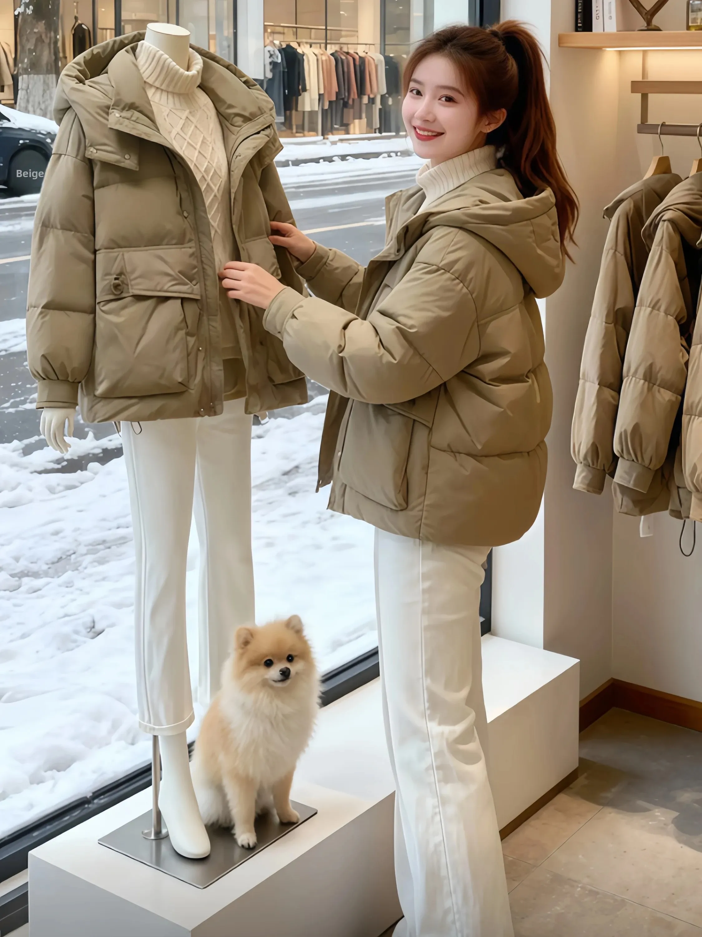 

Women's Short Hooded down Cotton Jacket Thickened Winter Coat Korean Style Commute Regular Sleeve Long Zipper Pure Color