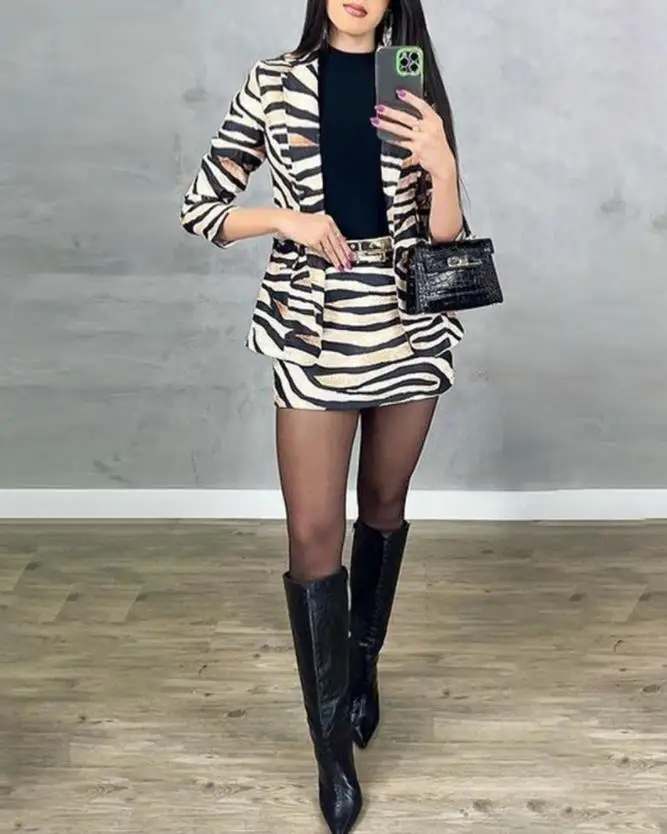 Women's Two Piece Elegant Fashion Commuting Work Outfits Zebra Stripe Print Notched Collar Long Sleeve Blazer Coat & Skirt Set