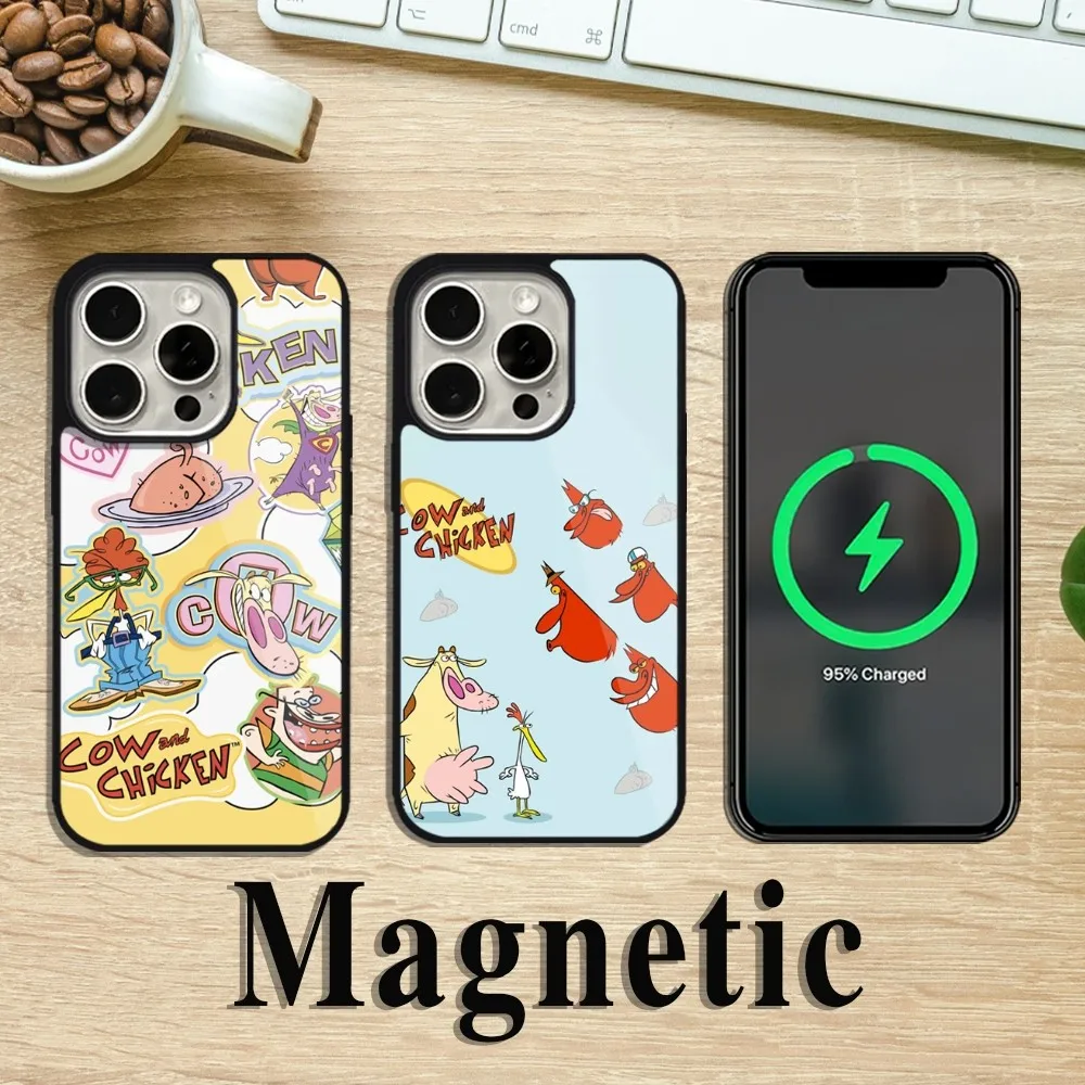 Cartoon Cow And C-Chicken Phone Case For iPhone 11 12 13 14 15 Pro Max Plus Magsafe Magnetic Wireless Charging