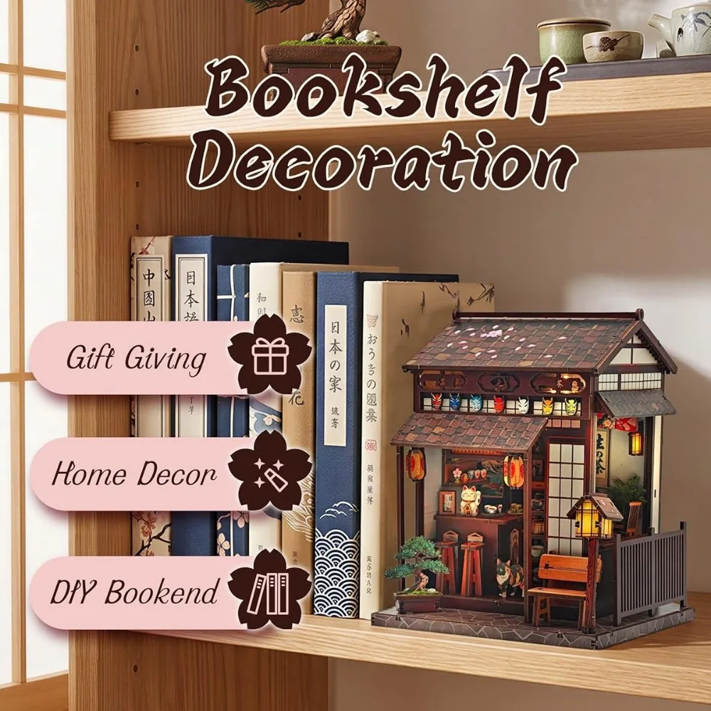 DIY Buchnischen-Set „Sakura-Teepavillon“ 3D-Holzpuzzle 220 Teile Japanisches Zen-Miniatur-Bücherregal-Einsatz für Erwachsene Anfänger Heimdekoration Kreatives Geschenk