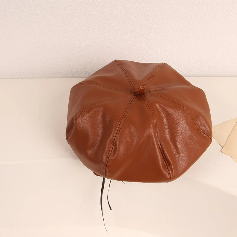 The Latest Children'S Autumn and Winter Fashion Beret Girl Boy PU Leather Octagonal Hat English Drawstring 6 Colors Pumpkin Hat 