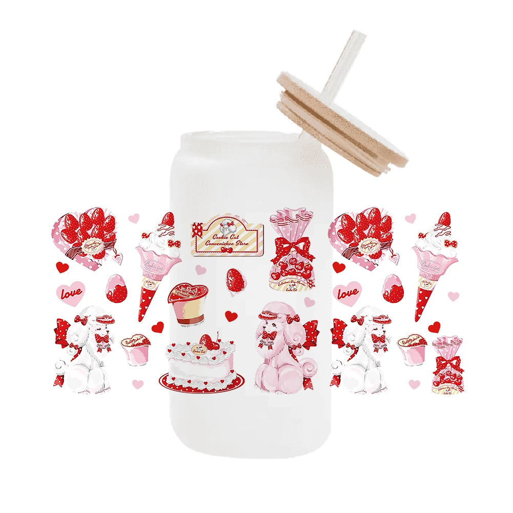 Lolita Cute Rabbit Teddy bear DIY For Libbey 16oz Can Glass 3D Waterproof UV DTF Coffee Can Wrap Libbey Glass Wrap
