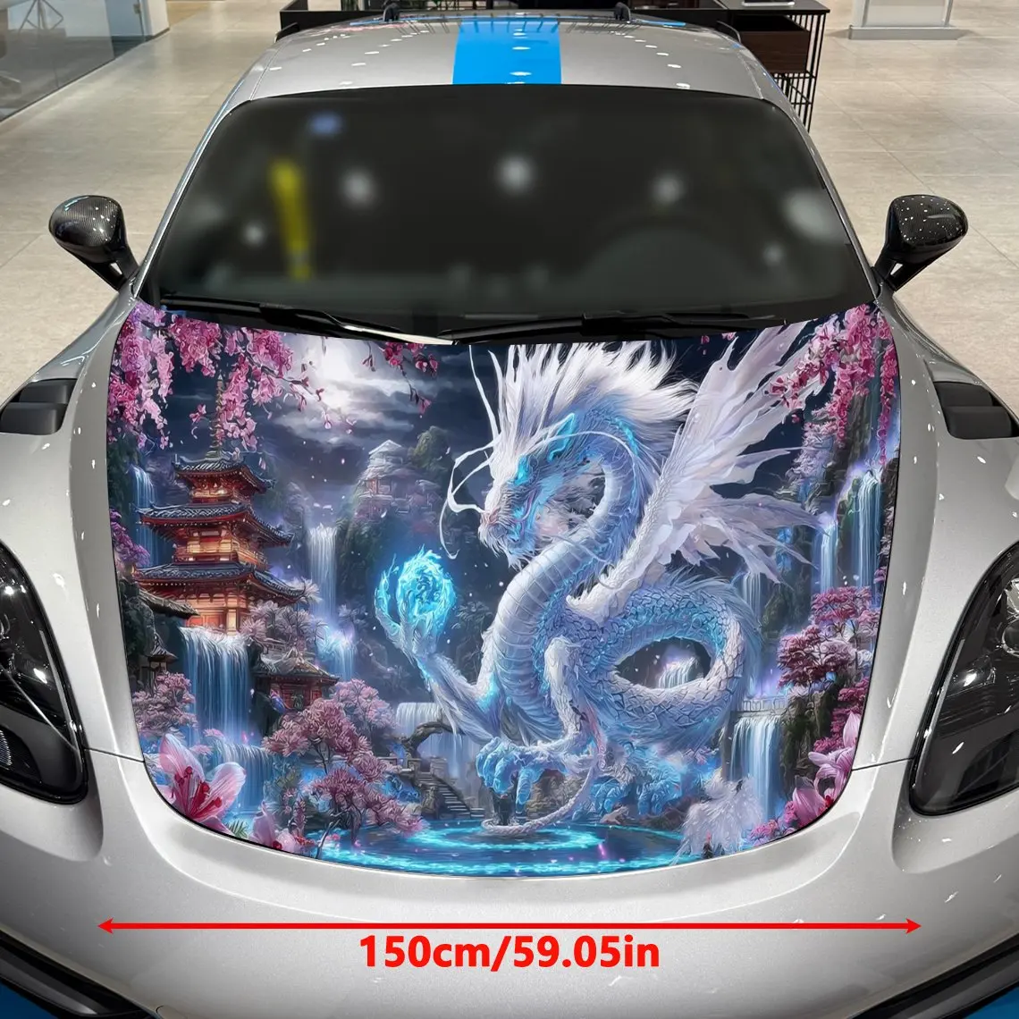 Cherry Blossom Ancient Building Blue - Flamed Divine Dragon Car Vinyl Wrap, PVC Material Waterproof Car Hood Sticker, Self-Adhes