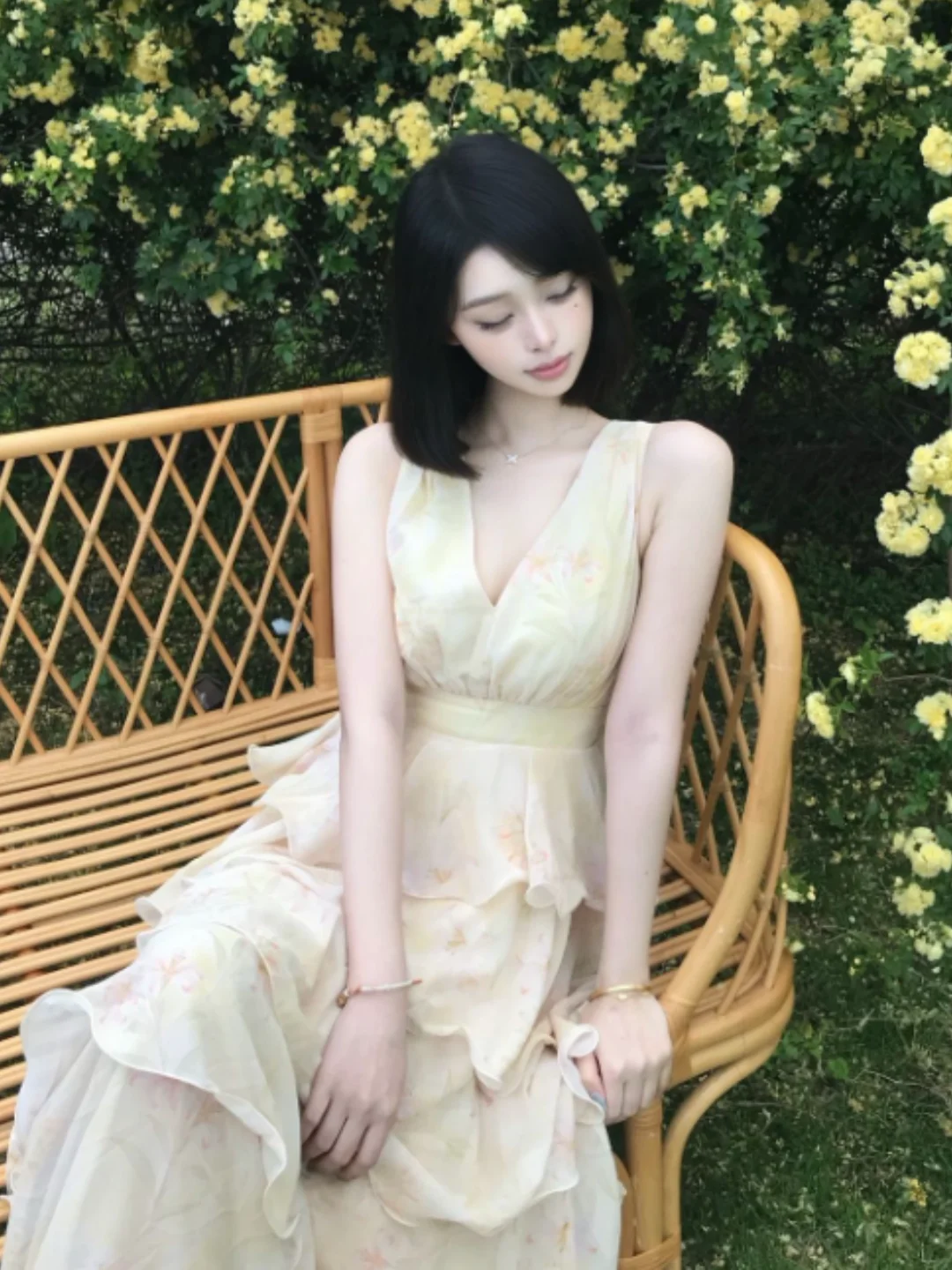 

Gentle Wind Beautiful V-neck Waist-cinched Puffy Cake Strap Dress Unique Style Dress Summer Cotton High Waist Backless Dress