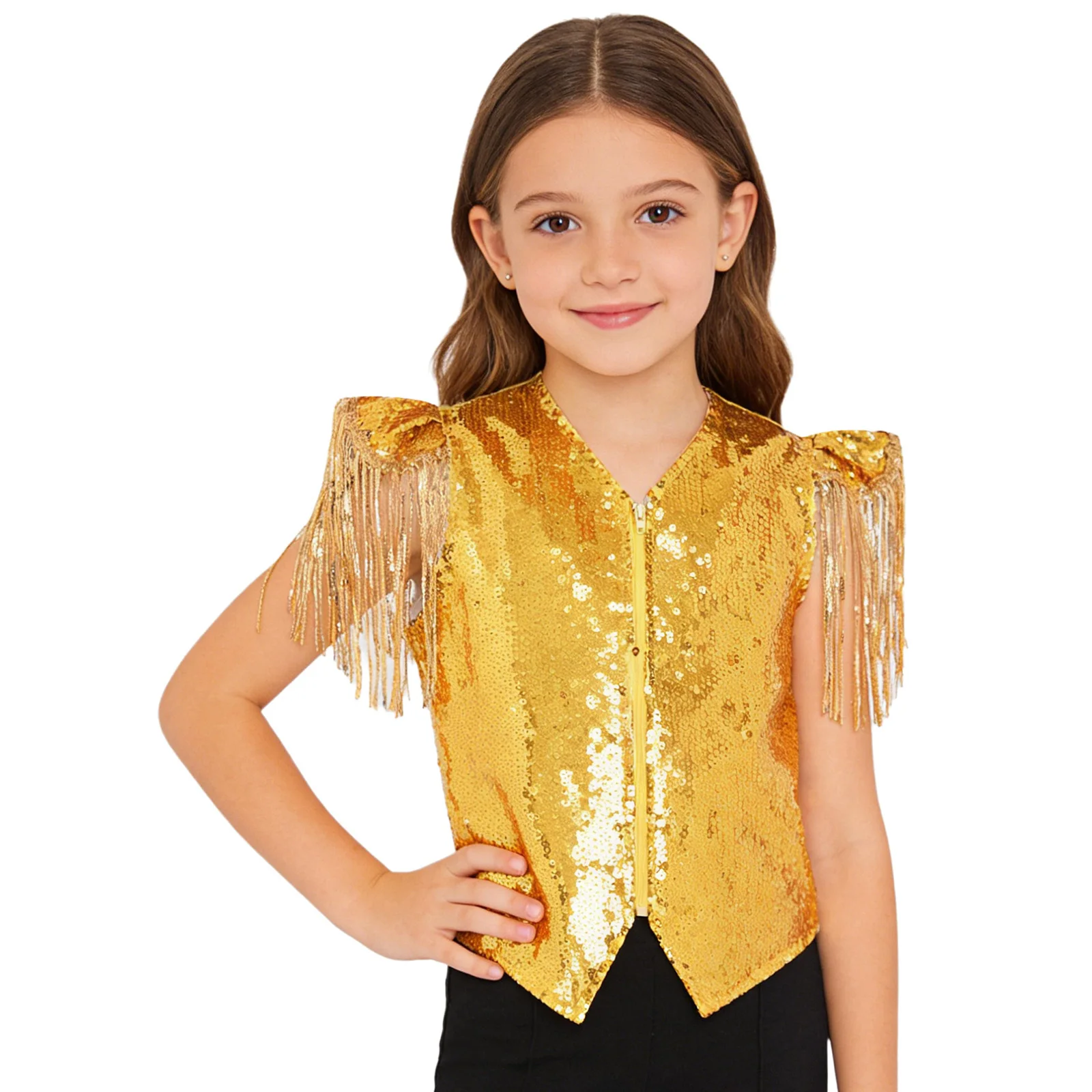 

Kids Boys Girls Sequin Metallic Jazz Party Dance Vest Outwear Sequined Tassels Cap Sleeves Asymmetrical Hem Zipper Waistcoat Top