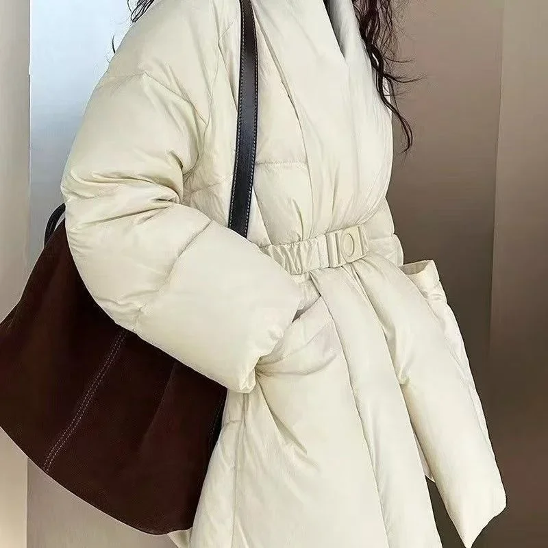 

New Autumn Winter Cotton Jacket Parkers Fashion Design Sense Women Cotton Coat Korean Version Lace Up Waist Warm Overcoat