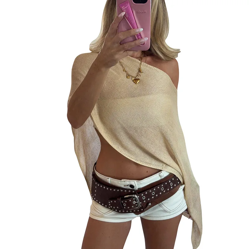 

Khaki Sloping Shoulder Sleeveless One-piece Sexy Hooded Top for Women 006