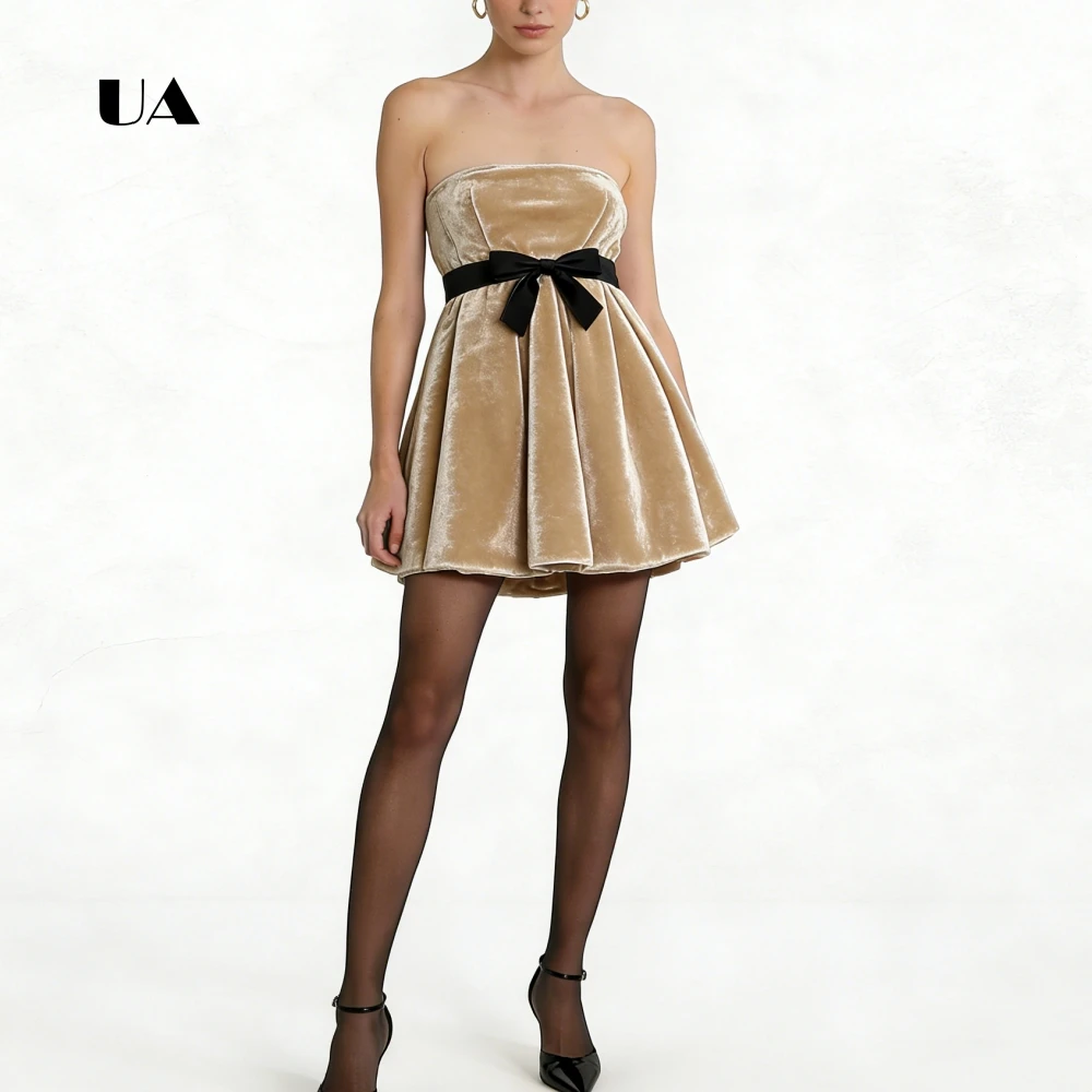 

ULBYANRY Velvet Fit-and-flare Mini Dress with Satin Bow and Trim, Solid Strapless Evening Dress, Simple Customized Party Gown