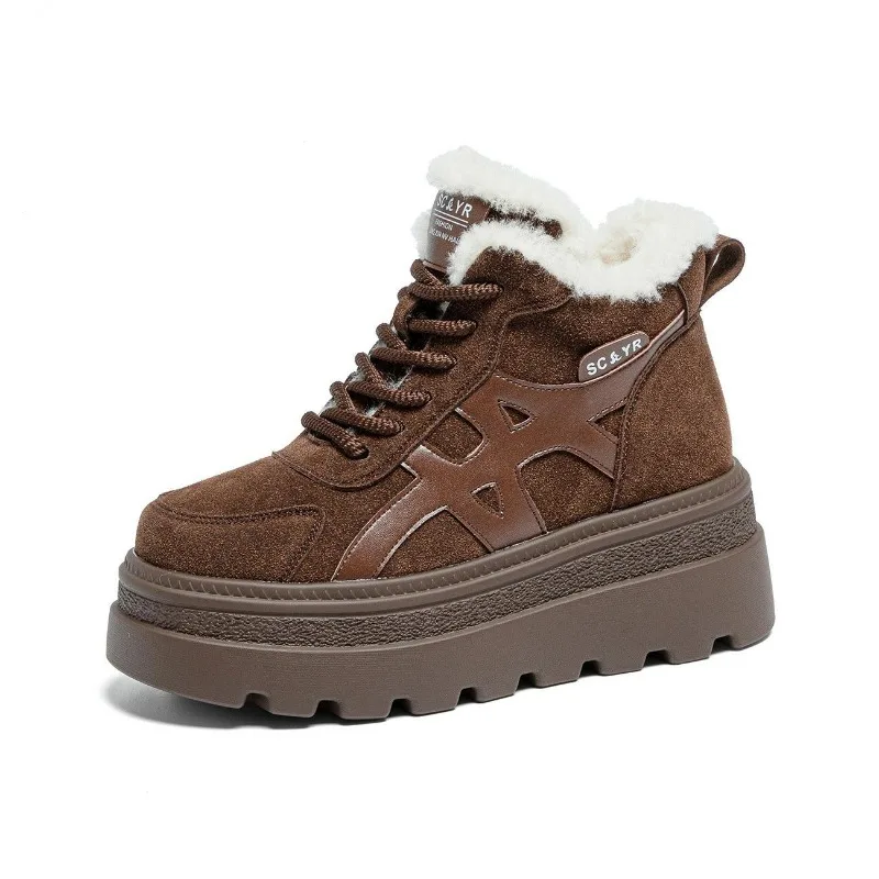 Women's Thick Fur Snow Boots New 2026 Winter High-top Sneakers Warm Plush Thick Cotton Shoes Casual Suede Leather Short Boots
