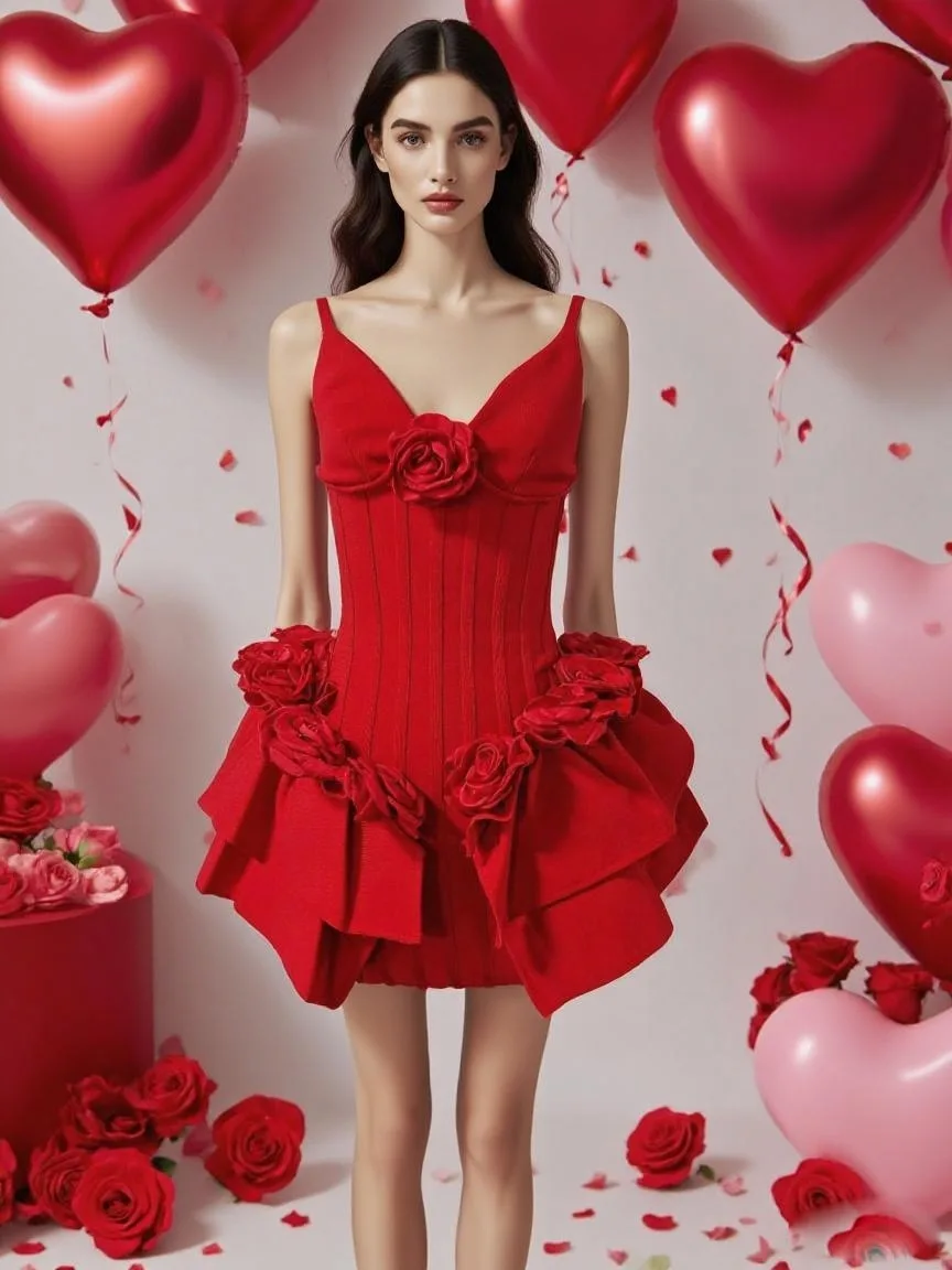

2025 New Women Celebrity Sexy Sleeveless Deep V Neck 3D Flowers Red Dress Elegant Evening Club Party Dress