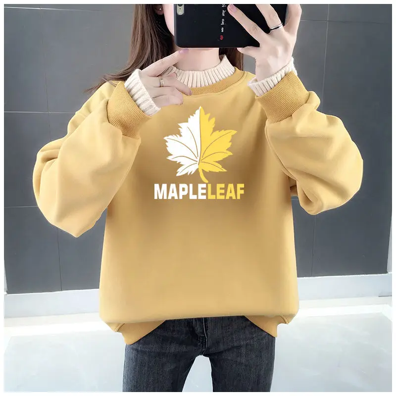 Autumn and Winter Women\'s Patchwork Fake Two Pieces Half High Collar Long Sleeve Printed Pullovers Fashion Casual Korean Tops