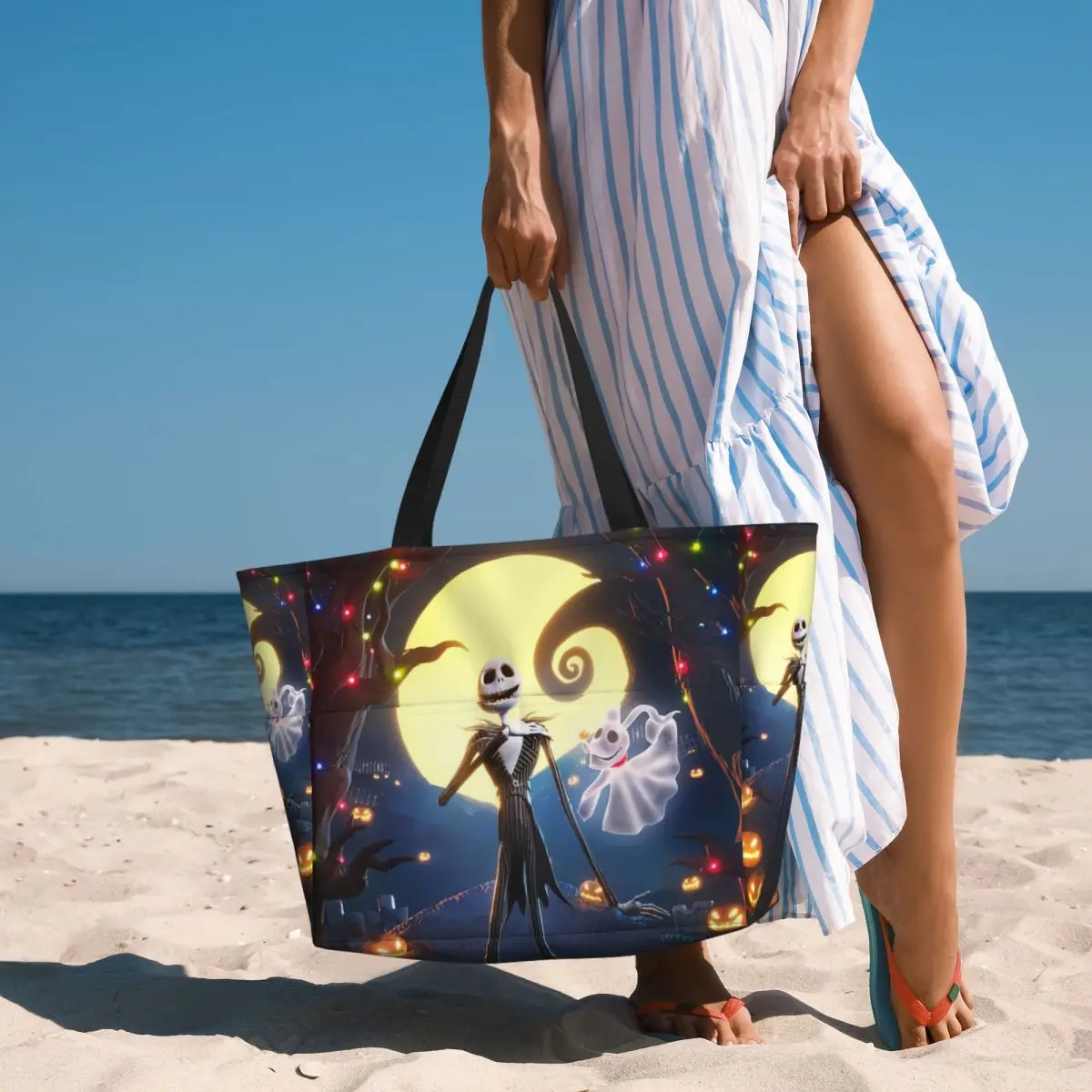 Borsa Tote personalizzata grande Horror Christmas Nightmare Jack Skellington per le donne borsa da viaggio da spiaggia per palestra con tracolla di