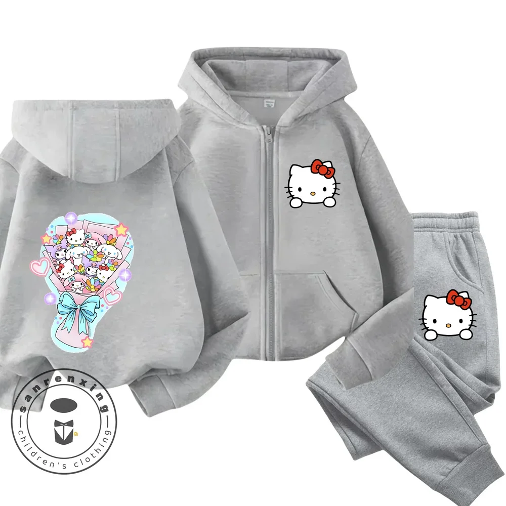 

2024 New Hello Kitty Hoodie Set Kids Sweatshirts+long Trousers Clothes Outfits 4-14 Year Children's Cartoon Casual Spring Autumn