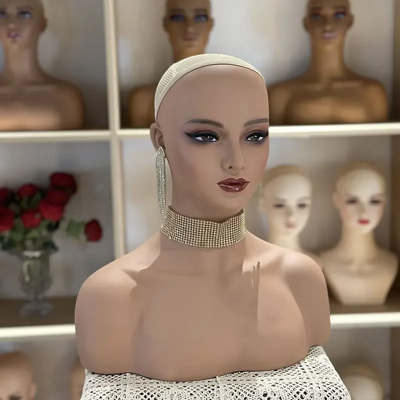رأس عارضة أزياء أنثى واقعية مع أكتاف لقبعات الشعر المستعار تعرض دمية الدمية البلاستيكية #3