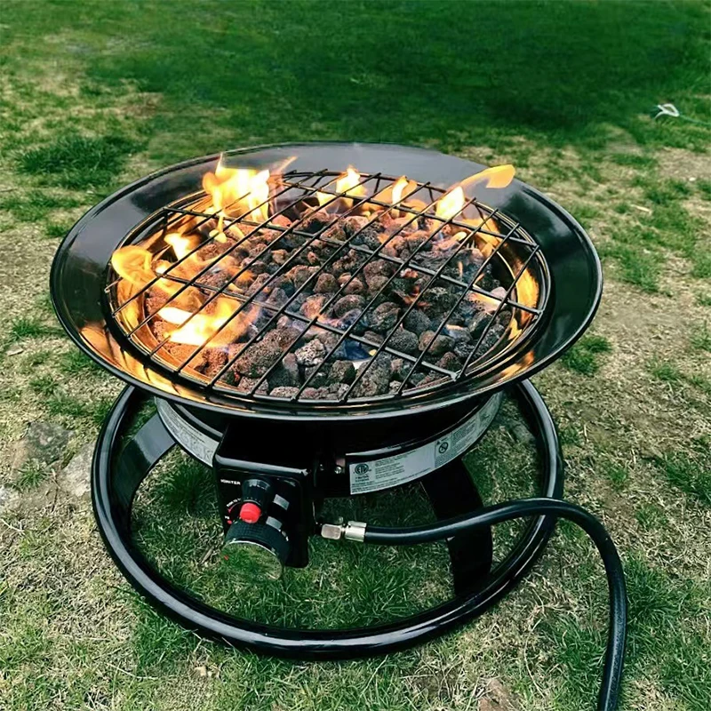Portable Gas Volcanic Stone Fire Pit, 19/21-inch Diameter Outdoor Gas Fire Pit, Includes Grill Grid and Volcanic Rock, Adjustabl
