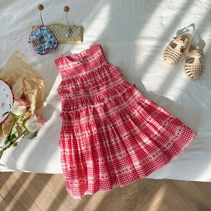 Girls Casual Dresses Cherry Print Sweet Girl Dress Sleeveless Sundress Cake Dress for Kids Clothes for Girls 2 To 7 Years