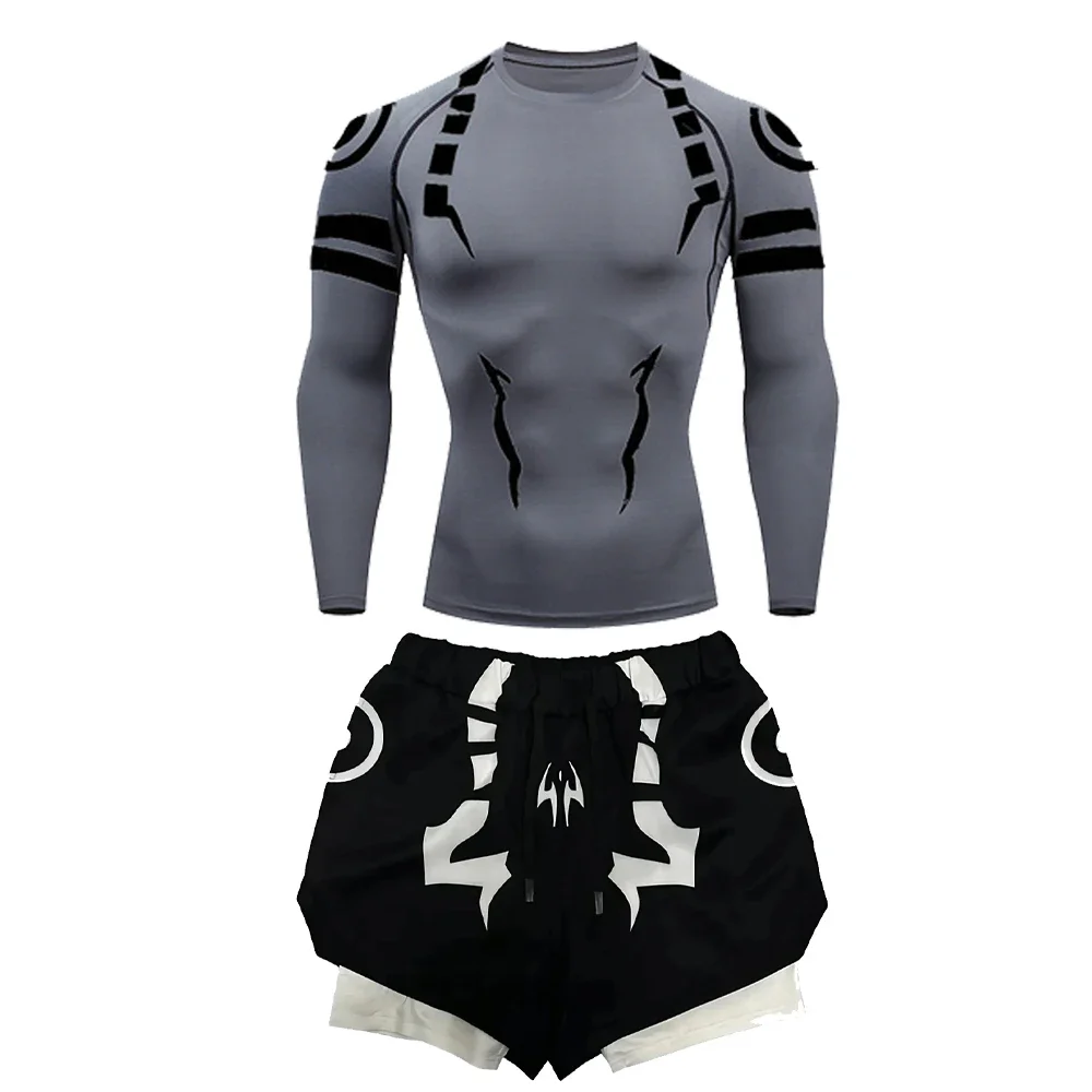 Jujutsu Kaisen Anime Compression Sportswear Suit Fitness Men's Set Sukuna 3D Print Quick Dry Rashguard + 2 in1 Gym Shorts Summer