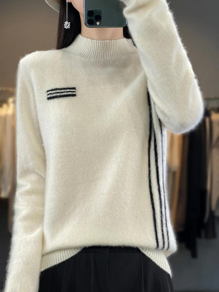 Autumn Winter 100% Merino Wool Women's Sweater Mock-neck Pullover Cashmere Knitwear Clothing Korean Popular Female Jumper Tops