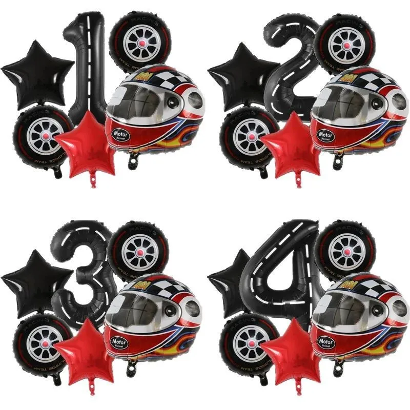 6PCS Motor Helmet Balloon Wheel Tire Racing Balloons Birthday Decor Boys Race Car Dirt Bike Motorcross Hot Wheel Party Supplies