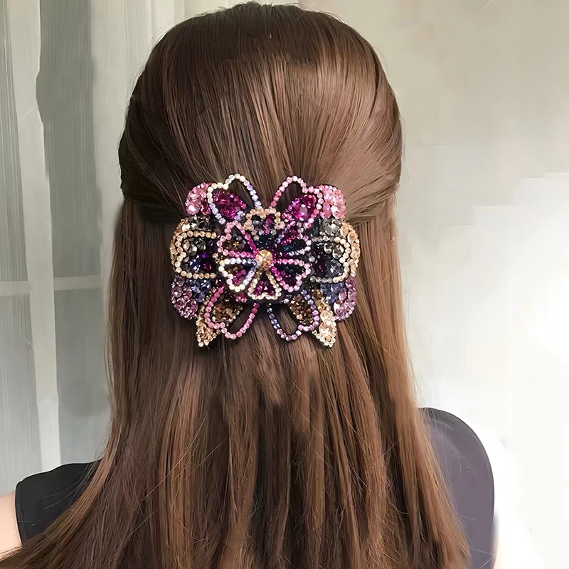 AWAYTR Elegant Full Rhinestone Flower Hair Clip Barrettes Headband for Women Hair Accessories Crystal Hairpin Spring Clips