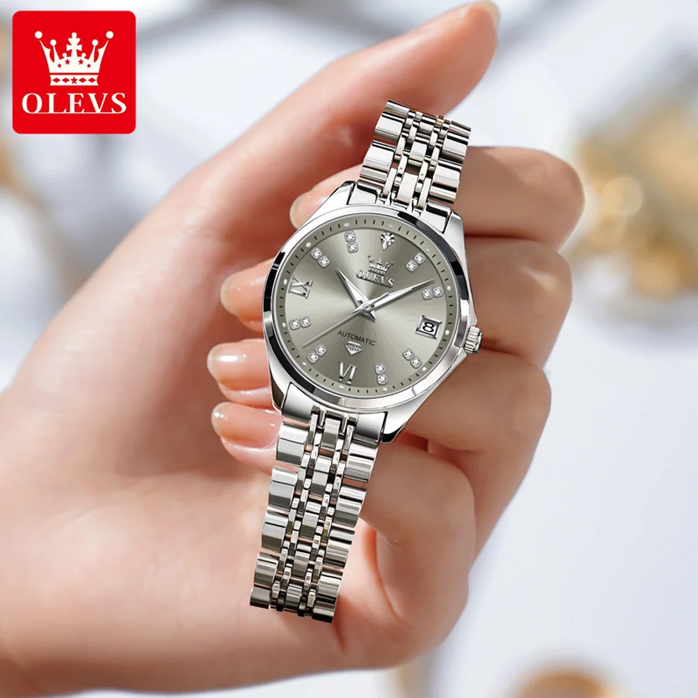 OLEVS Grey Women\'s Watches Elegant Fashion Automatic Mechanical Watch for Lady Luminous Date Waterproof Stainless Steel Simple