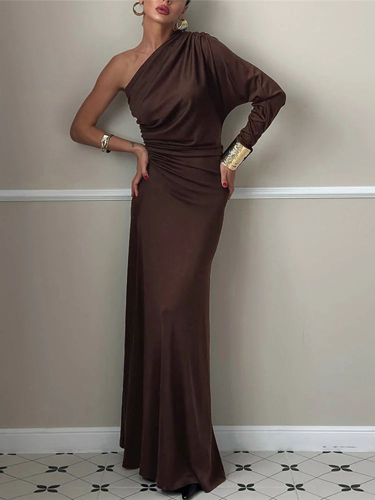 Nibber Mode Ruches Elegante Maxi Jurk Vrouwen Skew Kraag Een Schouder Skinny Hoge Stretch Midnight Prom Party Klassieke Vestidos