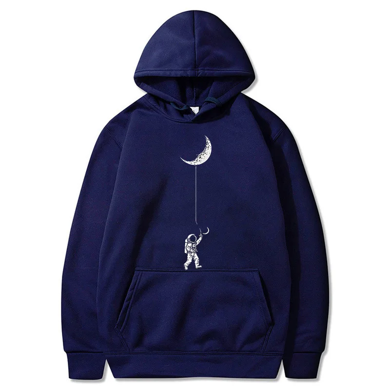 Men's Astronaut Moon Graphic Hoodie - Black Casual Pullover Sweatshirt with Space Theme Print essentials hoodies mens hoodies