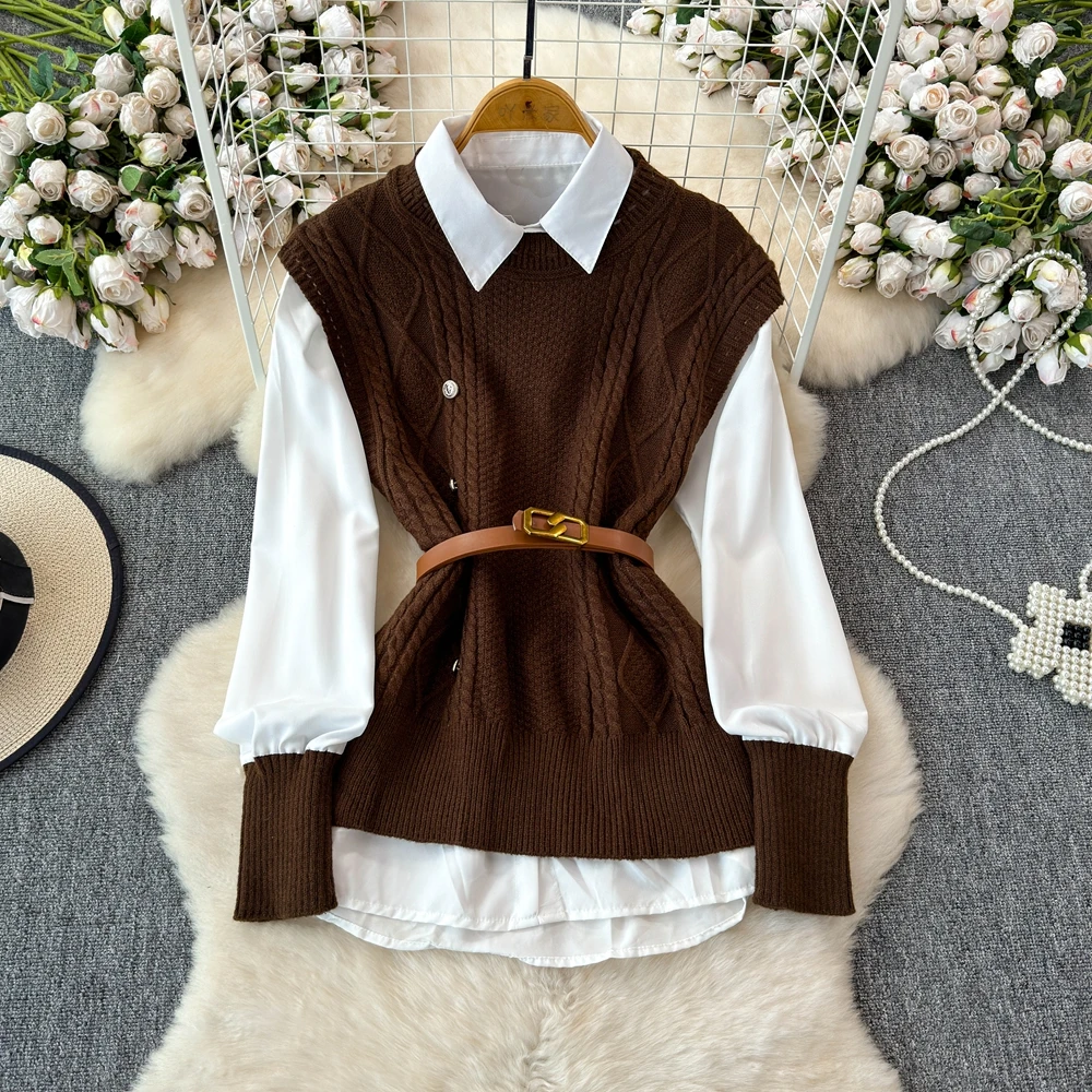 Women Autumn Winter Clothing Suits Sleeveless Knitted Belt Vest+Long Sleeve Patchwork Shirt Tops Outfits Sets