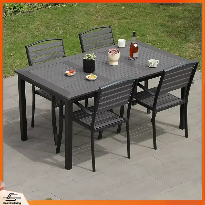 Outdoor WPC Garden Furniture Set Carbon Steel Patio Set for Courtyard Balcony Cafe Backyard Relaxation Heavy Duty Weather