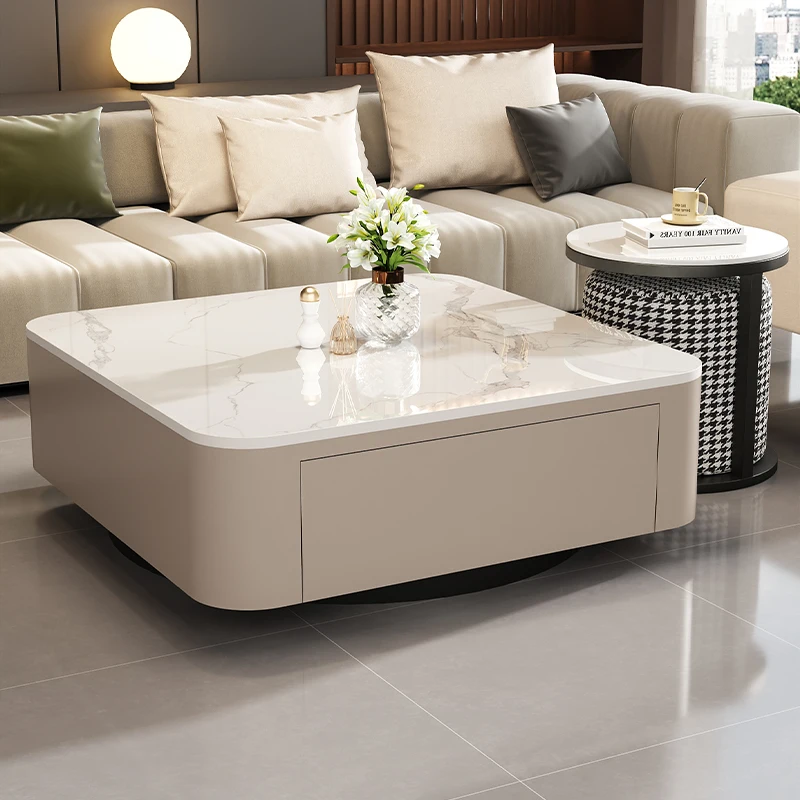

Home Living Room Furniture Light Luxury Simple Modern Rock Slab Square Glass Coffee Table TV Cabinet Coffee Tables Side Table