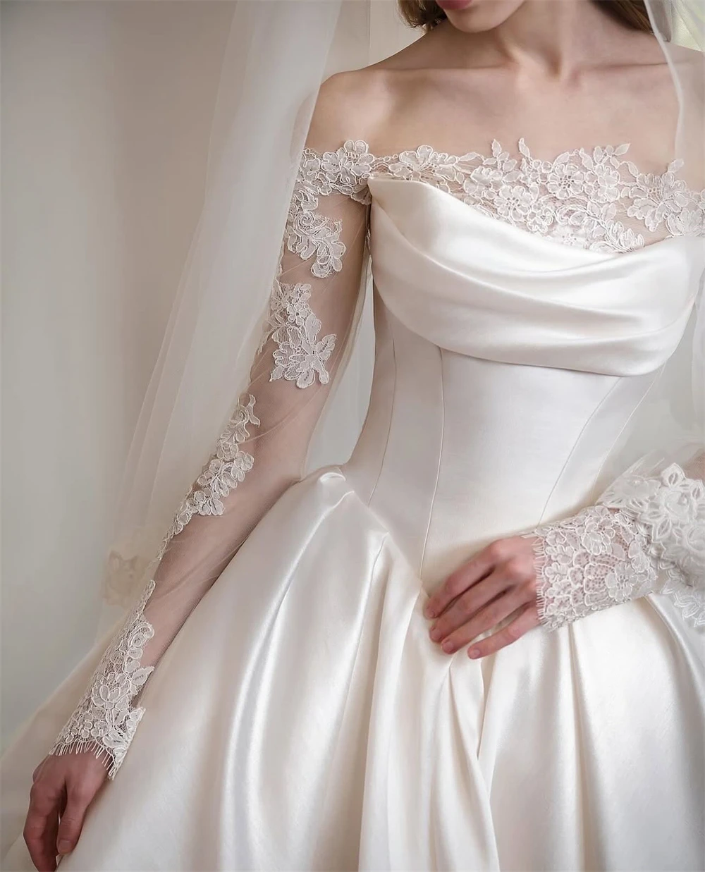 Мечтательное белое атласное свадебное платье по индивидуальному заказу, официальное свадебное платье с вырезом лодочкой и длинными рукавами, мягкое трапециевидное платье со шлейфом, Vestido De Novia