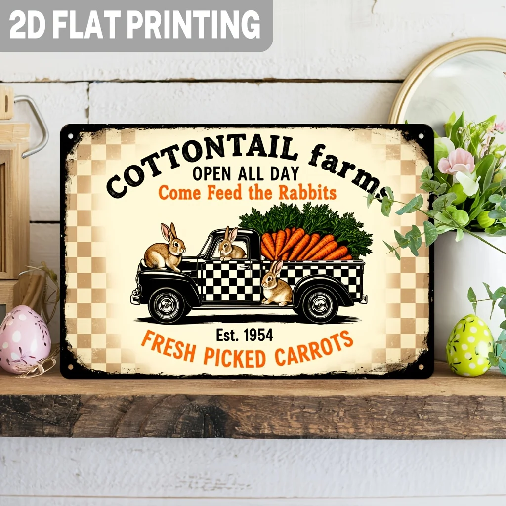 2D Flat, 1pc, Cottontail Farms Metal Tin Sign Inviting You to Feed The Rabbits with Freshly Picked Carrots, Featuring Retro Vint