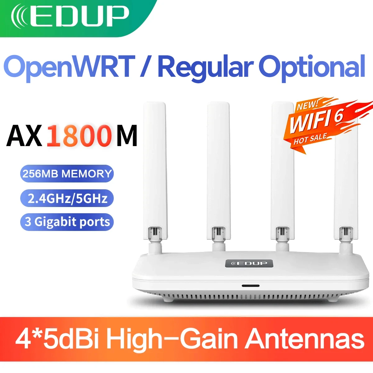 

EDUP W​ifi 6 AX1800 Router 2.4/5GHz Dual Band Mash Router 5dBi Antennas WPS3 4 Gigabit RJ45 optional Regular or OpenWRT Router