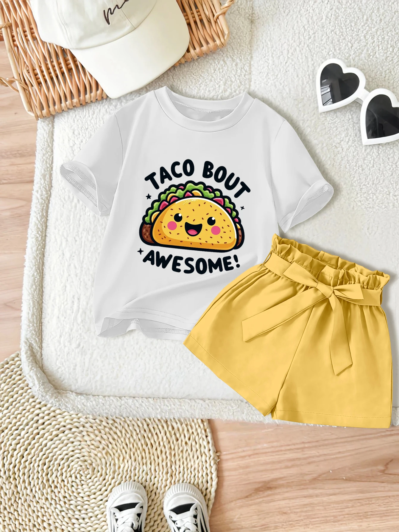 

Летний милый комплект из 2 предметов: футболка для девочек и тканые шорты с бантом, измельченный блинный принт