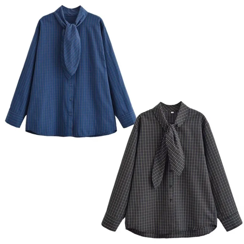 2025 Camicie scozzesi monopetto a maniche lunghe con colletto a sciarpa autunnale Camicette casual femminili alla moda versatili allentate