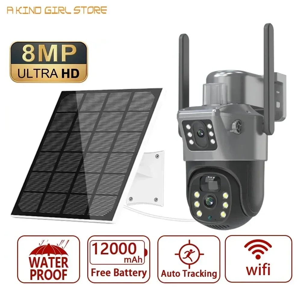 4K 8MP Dual Lens PTZ Solar Camera Dual Screens PIR Human Tracking Outdoor WIFI Security CCTV Surveillance Camera