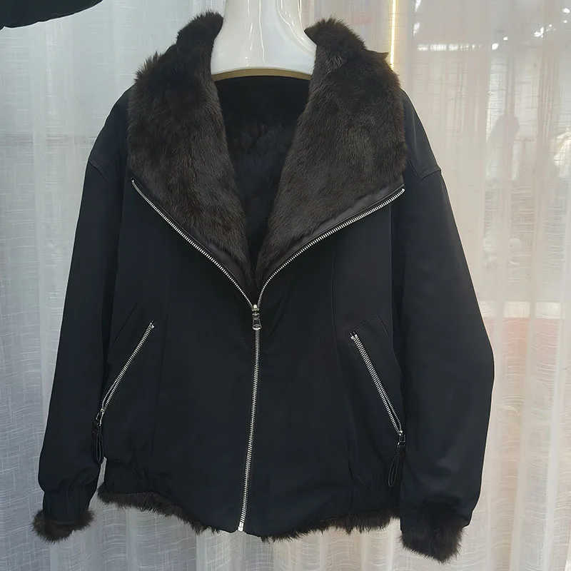 سترة شتوية جديدة فضفاضة لعام 2025 مبطنة بالفرو الأرنب الحقيقي سترة سميكة ودافئة للسيدات معطف فرو أصلي بأكمام طويلة سترة خارجية للسيدات #5