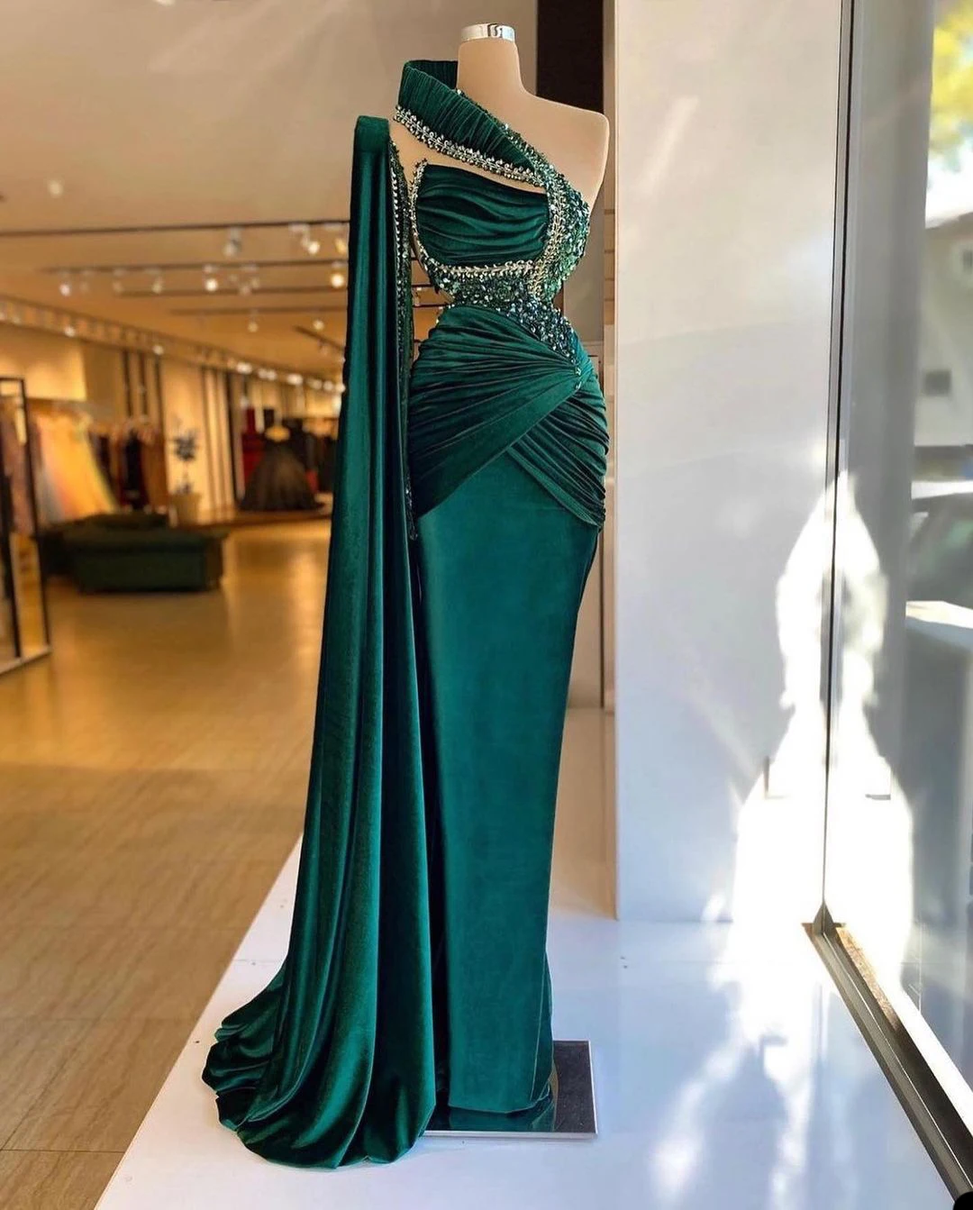 Arabic Green Velvet Mermaid Evening Dresses Sexy One Shoulder Beads Side  Split Long Prom Gowns robes de