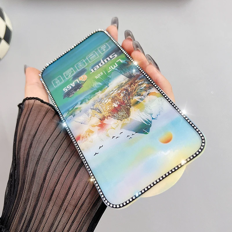 

Luxury Glitter Diamond Tempered Glass Film For iPhone 15 14 13 12 11 Pro Max 14 15 Plus Anti Glare Screen Protector Film Guard