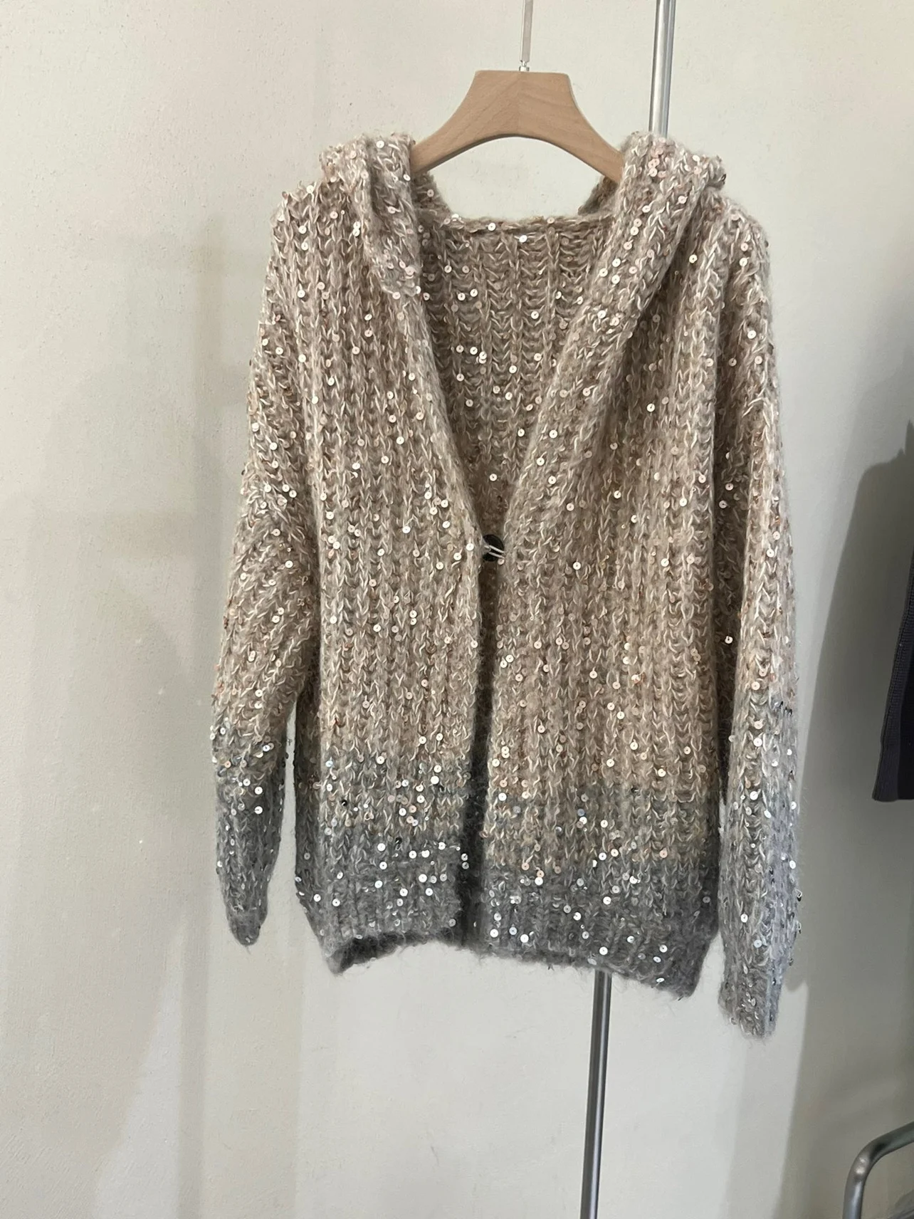 Autumn Winter B*C Women\'s Hooded Gradient Sequin Sweater Loose Cardigan Jacket Coat