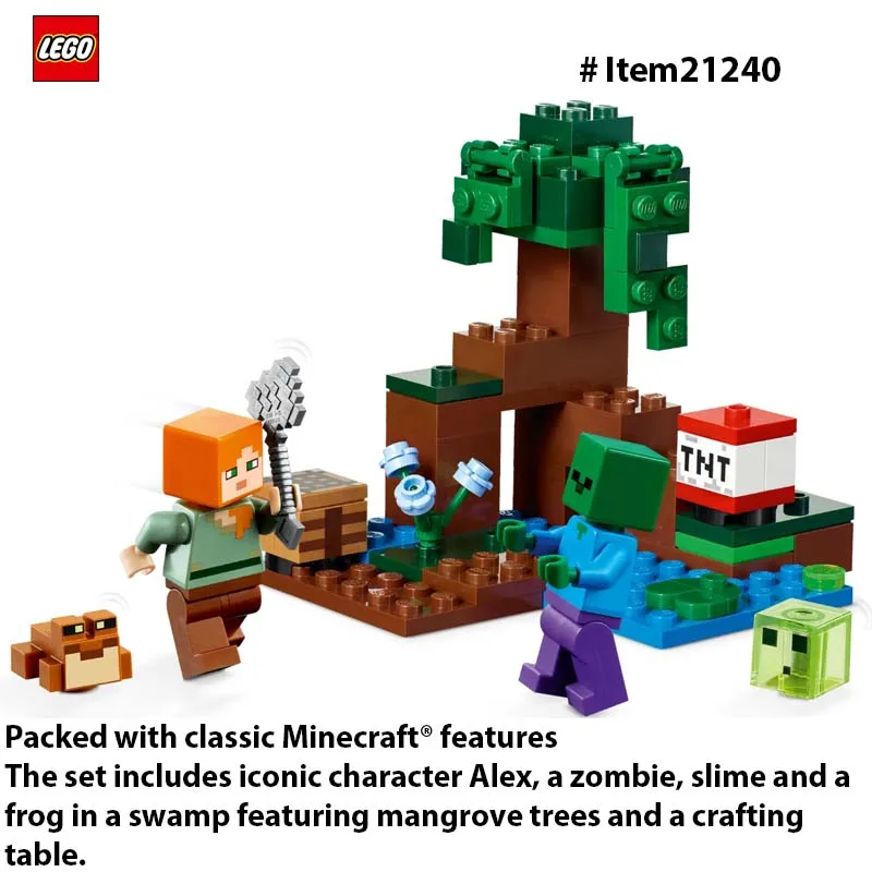 LEGO 21240 Minecraft Aventures dans le marais, avec figurines Alex et Zombie dans le Biome, cadeau d'anniversaire pour enfants, 65 pièces