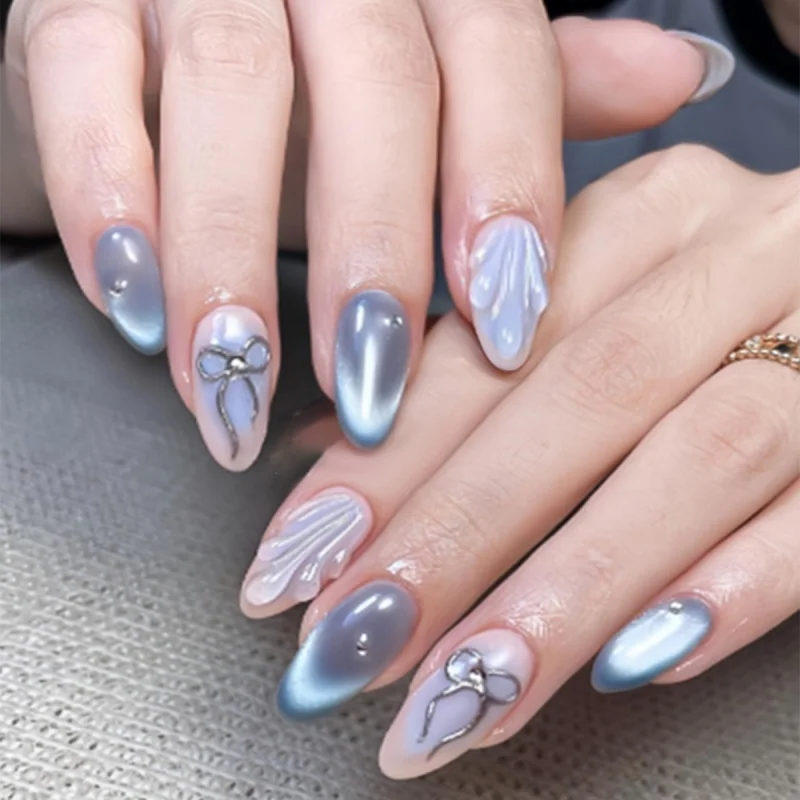 

24Pcs Fake Nails 3D Glow-in-the-Dark Cat Eye Frosted Blue Bow Diamond Press-On Nail Tips Perfect Gift for Girls and Friends