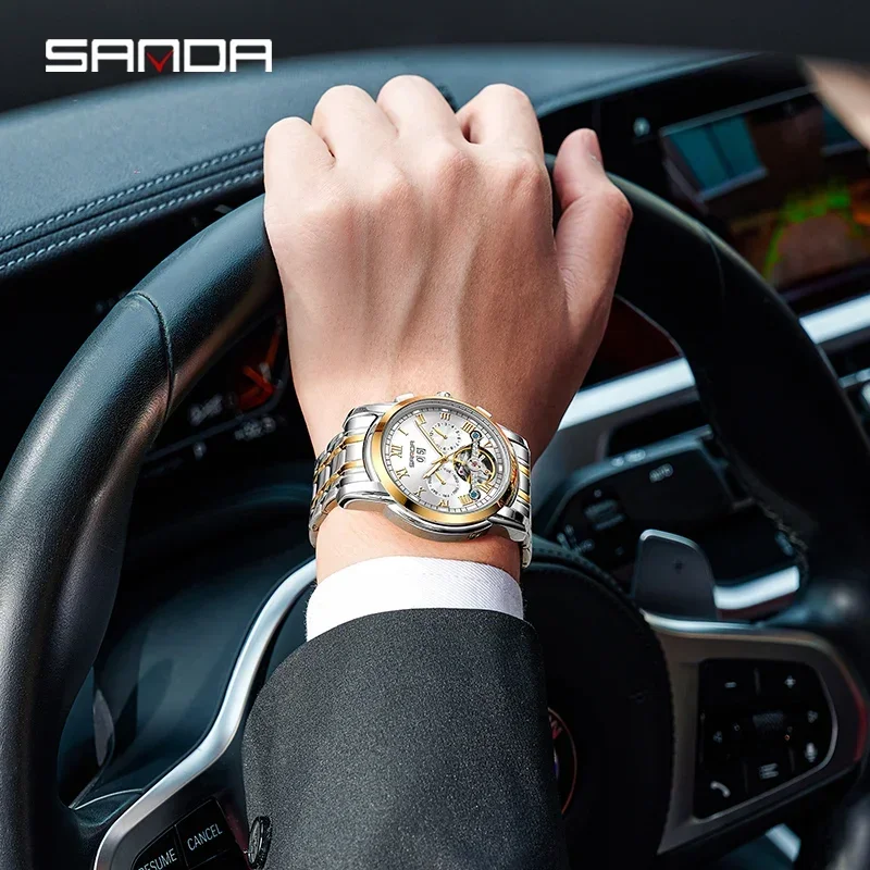 2024 Men\'s Fully Automatic Mechanical Steel Belt Watch New Product Sanda 7006 Fashion Calendar Hollow Men\'s Watch