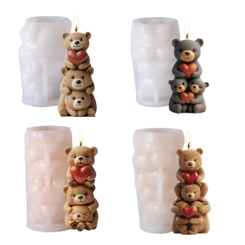 

4pcs Stacking Bear Candle Mold Silicone - DIY Scented Candles & Plaster Aroma Stones, Cute Animal Decor & Gift Making