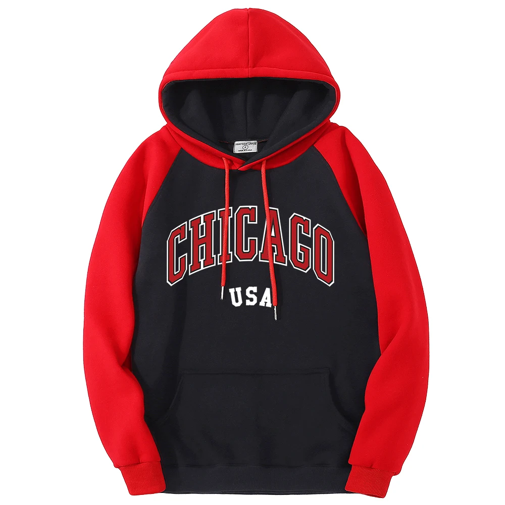 Chicago Usa Classic City Graphic Hoodie Men Crewneck Pullover Sweatshirts Loose Raglan Fleece Hoodies Personality Clothes Women