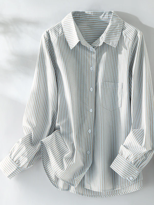 

Fashionable Striped Pure Cotton Women's Shirt Large Size Spring Casual Loose Fit Button up Top Trendy Blue Coffee Color