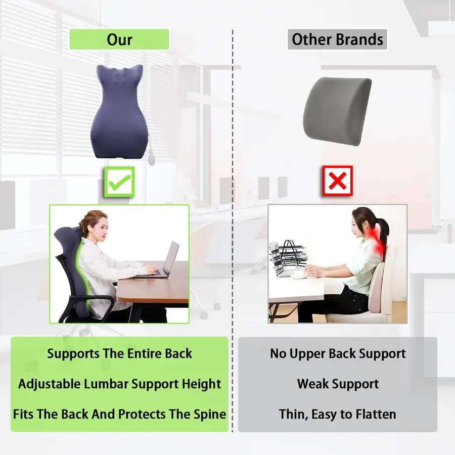 Almohada de apoyo Lumbar larga para silla de oficina con bolsa de aire, almohada de soporte de espalda de espuma viscoelástica para aliviar el dolor de espalda baja Ba