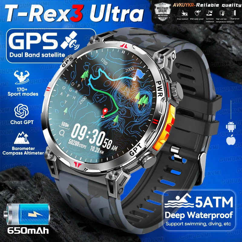 2025New militaire T-Rex3 Ultra GPS montre intelligente intégré GPS boussole altimètre baromètre 5ATM étanche 650mAh Bracelet de sport hommes