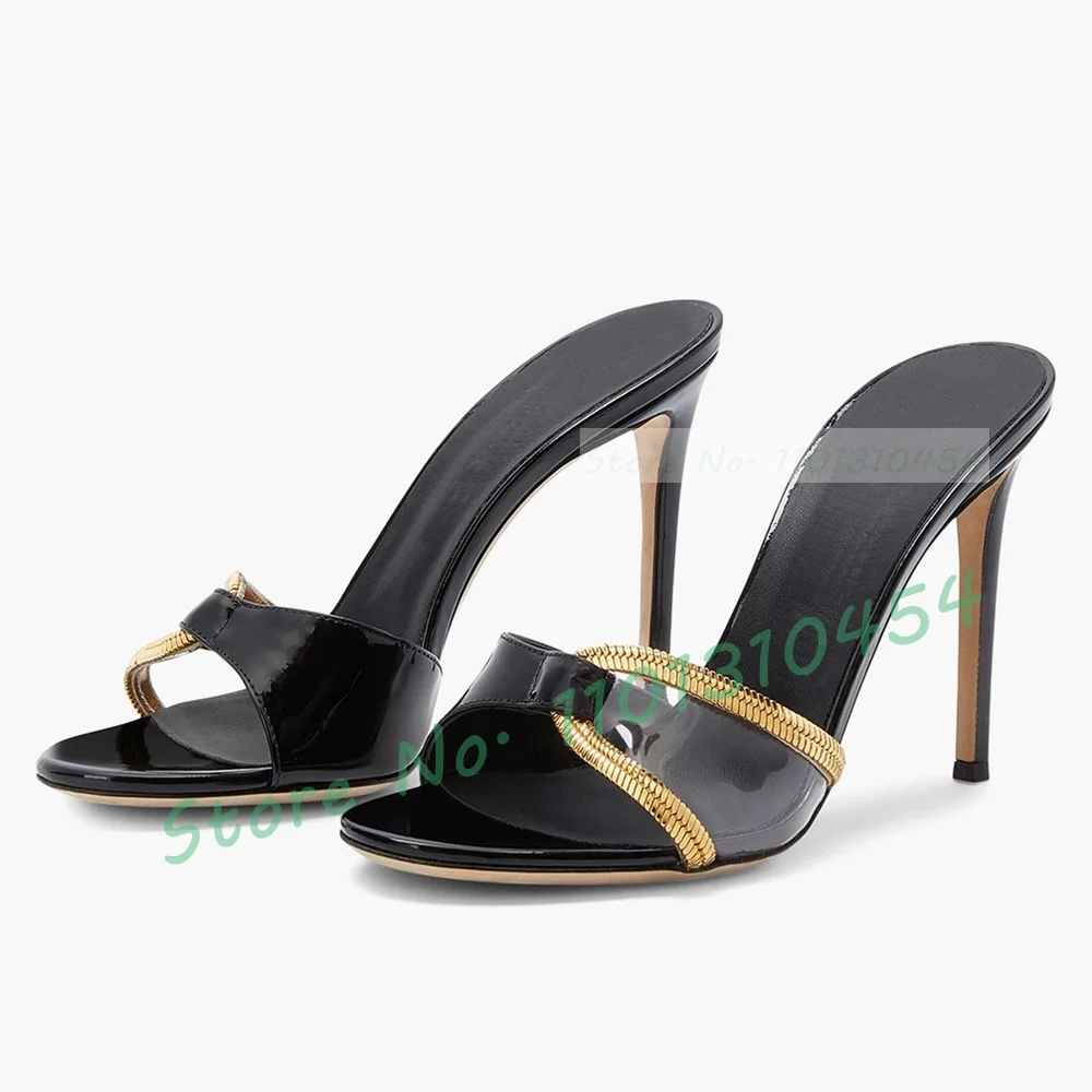 

Gold Strap Pvc Heeled Slippers Women Summer Embellished Real Leather Shoes Female Open Toe High Heels Party Casual Dress Slides